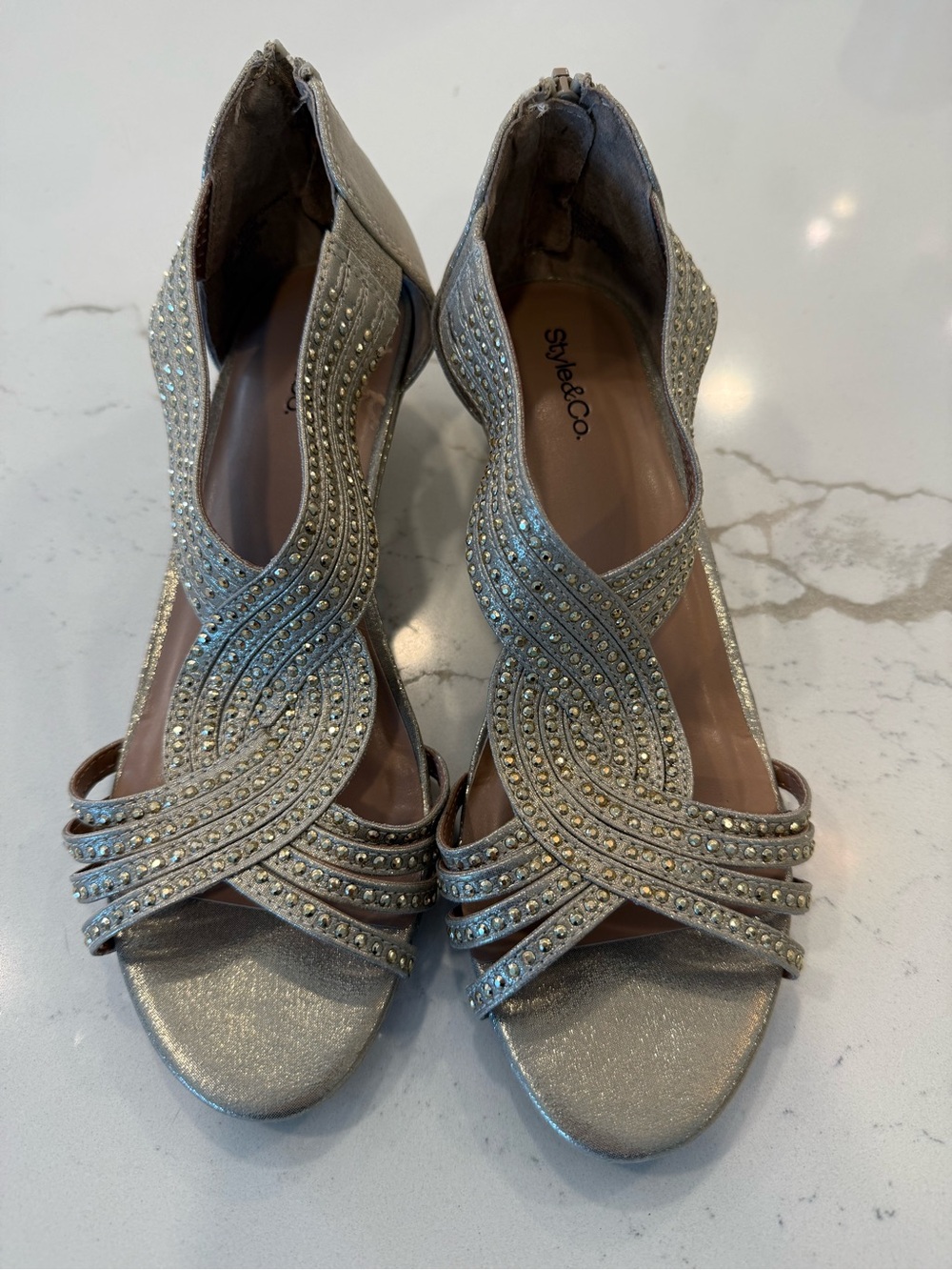 Style & Co. Silver Rhinestone Crisscross Open-Toe Heels